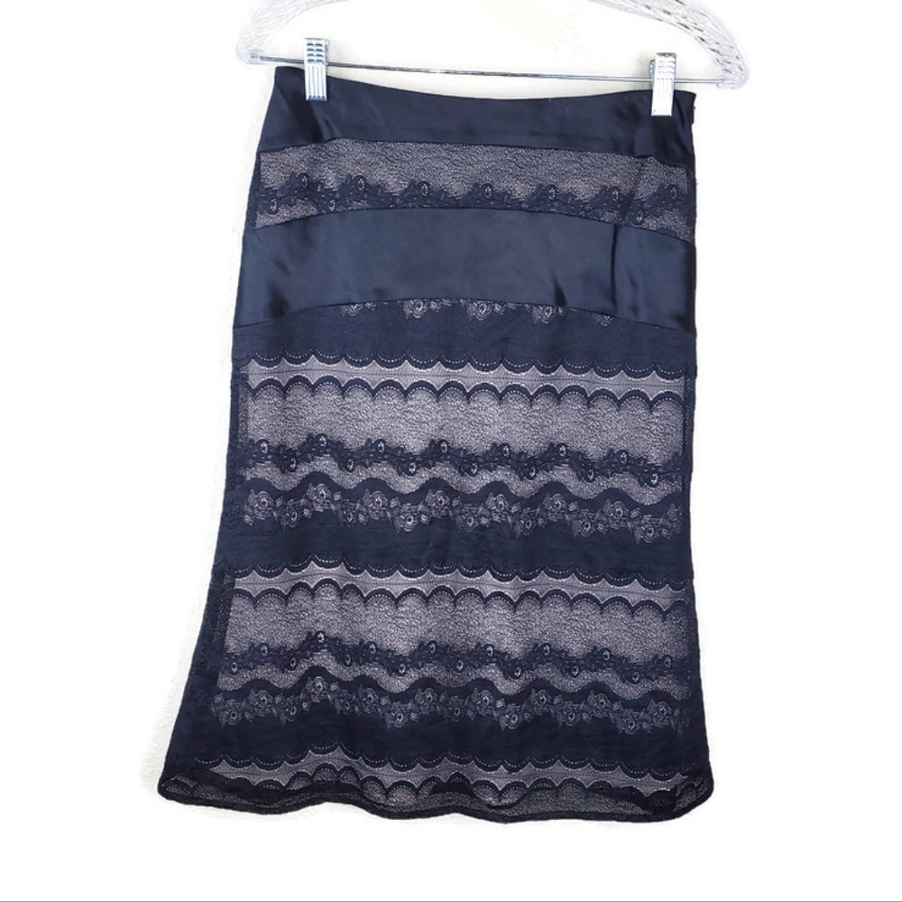 TIBI Black Lace Midi Skirt Size 2‎ Sheer Overlay Satin Trim